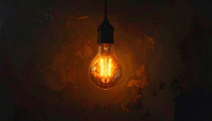 Glowing light bulb hanging in dark room emitting warm orange illumination
