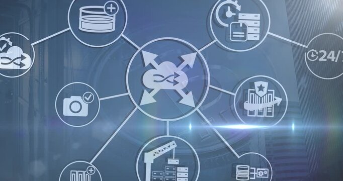 Animation of business icons and light spots over bitcoin symbols