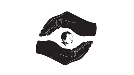 Human Head Silhouette in Cupped Hands with Minimalist Design in Black and White Illustration for Mental Health Awareness