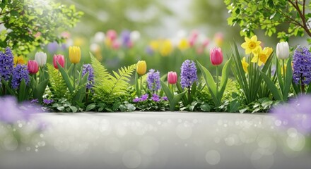 A vibrant garden with a variety of colorful flowers and greenery, including tulips, daffodils, and hyacinths.