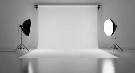 A white studio with two softboxes and a backdrop.