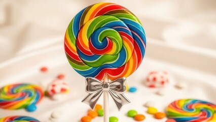 Colorful Rainbow Lollipop with Silver Bow on Stick candy sweet treat swirl
