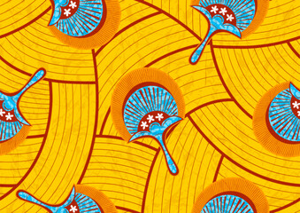 Traditional African Wax Print Ankara Cotton Fabric, Seamless Abstract Floral Pattern, Yellow Curve Background, Suitable for Clothing, Textile Art, Not Created with AI.
