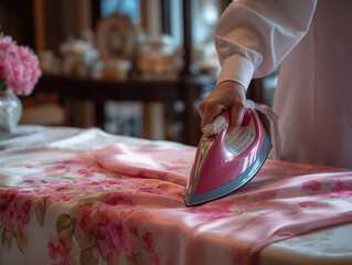 Eleganckie prasowanie r&oacute;żowej, wzorzystej tkaniny r&oacute;żowym żelazkiem. Perfekcyjna dbałość o detale w stylowym wnętrzu.