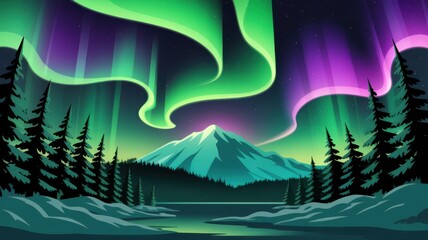 Vibrant Northern Lights Aurora Borealis Illustration Over Snowy Mountain Landscape with Pine Trees ...