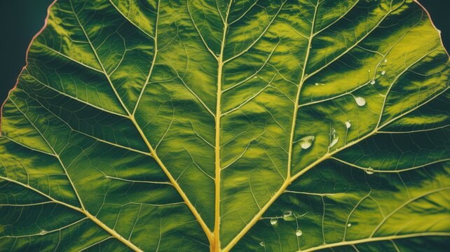 Vibrant Green Leaf Macro Shot with Dew Drops and Yellow Veins Illustration for Botanical Designs - Powered by Adobe