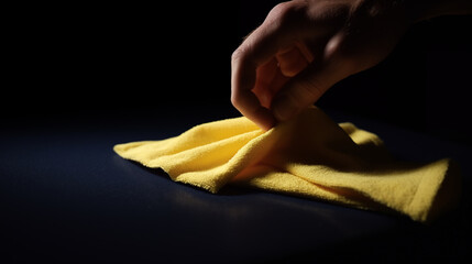 Męska dłoń precyzyjnie przeciera ciemną, gładką powierzchnię ż&oacute;łtą ściereczką z mikrofibry na czarnym tle. Czystość.