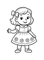 1950s Dress Coloring Page. Vintage attire children?s coloring book illustration, outlined drawing, child wearing a classic 1950s-style dress with simple