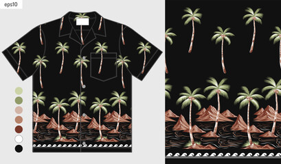 Hand drawn seamless Hawaiian coconut palm pattern with mountain and sea line art on black background, tropical summer fashion textile for shirts, fabric printing and screen print design