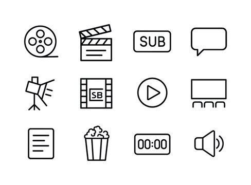 Movie Subtitle Icons. Movie subtitles. Line icon set of movie subtitles: film reel, clapperboard, subtitle strip, dialogue bubble, spotlight icon, film frame,