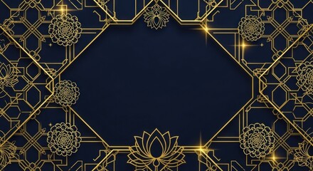 A luxurious, ornate, gold and dark blue background with intricate floral and geometric patterns, featuring a central lotus flower and sparkling stars.
