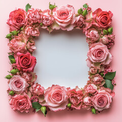 Elegancka ramka ułożona z gęstych, r&oacute;żowych r&oacute;ż i pąk&oacute;w na pastelowym tle. Romantyczna kompozycja kwiatowa. Flat lay.