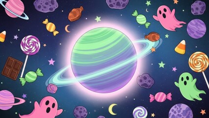 Colorful candy and sweets floating in space around a large planet galaxy