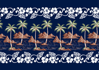 Seamless hand painted Hawaiian stripe pattern with hibiscus flowers, coconut trees, mountain and sea lines on dark blue background for tropical clothing and summer fashion fabric printing