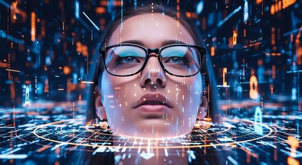 Futuristic Woman Face in Digital Matrix, AI and Technology Concept