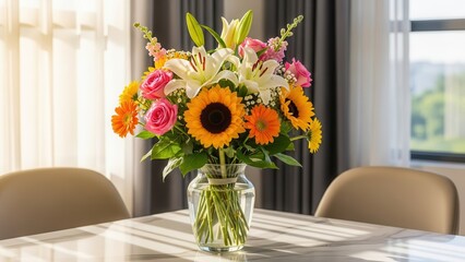 Vibrant bouquet of flowers in a glass vase on a table sunflowers