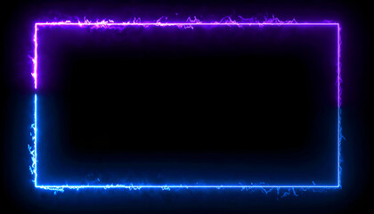 Neon rectangle frame glowing with blue and purple light on black background.