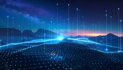 Digital landscape with data visualization and futuristic technology.