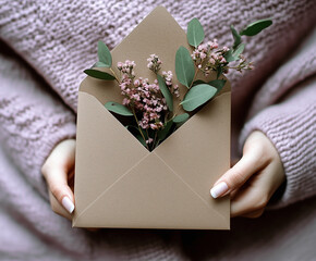 Dłonie trzymają brązową kopertę z r&oacute;żowymi kwiatami i eukaliptusem na tle swetra. Romantyczny, estetyczny klimat.