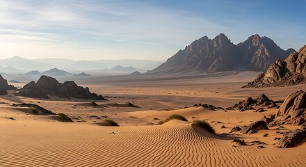 Majestic arid desert landscape panorama featuring sunlit undulating golden sand dunes with ripple marks leading toward dramatic rocky mountains under a pale blue sky.