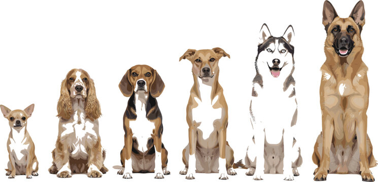 Diverse dog breeds lineup from small to large including Chihuahua Cocker Spaniel Beagle Husky and German Shepherd for canine size comparison and pet growth.