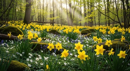A vibrant forest floor adorned with yellow daffodils and white snowdrops under a golden sun.