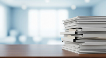 Neatly stacked papers and documents on a wooden desk, ready for review or organization