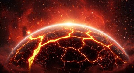 A fiery, cracked planet with a glowing sun at its center, surrounded by a fiery, fiery atmosphere with sparks and flames.