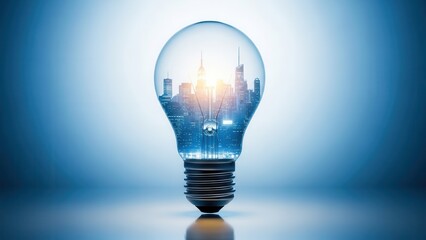 Light bulb with city skyline inside representing innovation and urban planning skyscraper