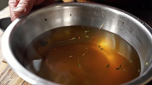 Close-up dolly-in on a ladle releasing a stream of hot broth into the bowl