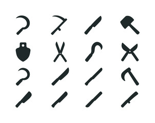 Naklejka premium Agricultural Tool Icons. Agricultural sharp tools. Solid icon set of Agricultural sharp tools: sickle, scythe, pruning knife, hoe blade, plow blade, hedge