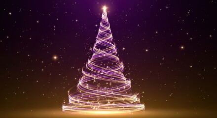 A vibrant, spiral Christmas tree with a star at the top, set against a dark purple background with scattered stars.