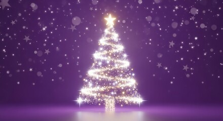 A radiant Christmas tree with sparkling lights and stars against a purple background, with a star on top and snowflakes falling.