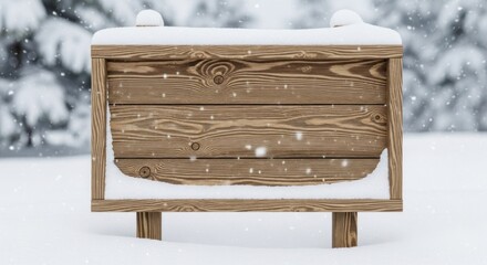 A wooden sign with snowflakes falling in a snowy landscape.