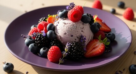 A plate of ice cream with berries and fruits.