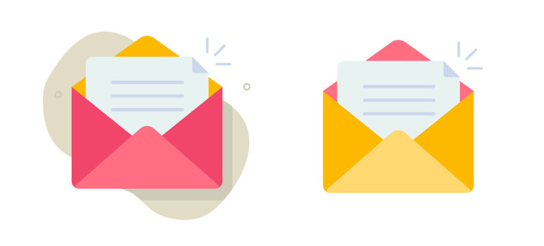 New mail email letter open icon vector simple minimal design illustration set, red yellow envelope with paper newsletter received document image clip art