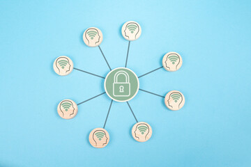 Internet users connected with padlock, cyber security, lockout from computer cloud, safety concept, protection of privacy and personal data 