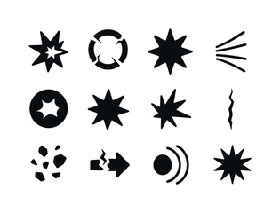 Impact Icons Set. Impact effects. Solid icon set of impact effects: collision star, fracture ring, burst symbol, shockwave lines, dent mark, hit symbol, smash