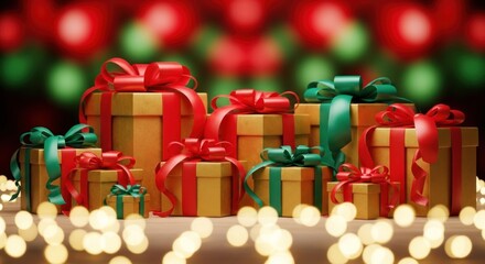 Christmas presents with red and green ribbons on a festive background.