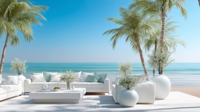 Elegant outdoor living space with white sofas and palm trees overlooks the ocean.