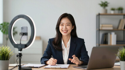 Professional woman in suit recording video with laptop and ring light