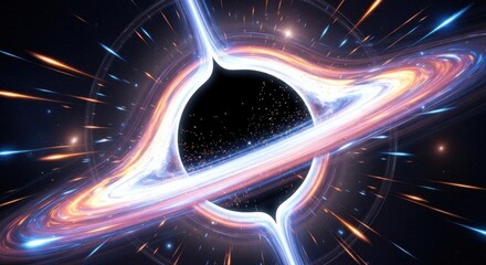 A black hole with a swirling blue and red plasma ring around it, emitting light and energy in a cosmic explosion.