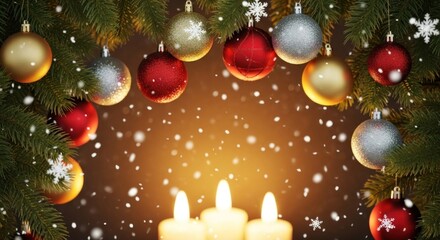 Christmas wreath with ornaments and candles on a brown background with snowflakes.