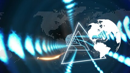 Neon triangular tunnel n seamless pattern over human brain and globe spinning on blue background - Powered by Adobe