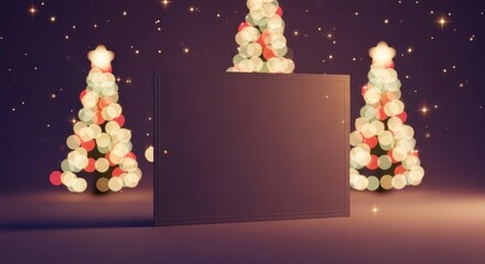 Three illuminated Christmas trees with a blank black card in the foreground.