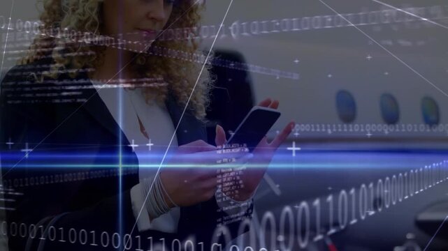 Animation of network of connections over caucasian businesswomen on airport