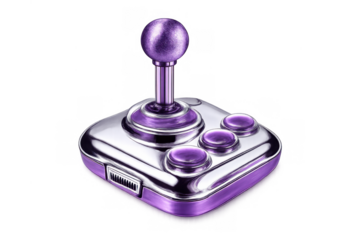 Retro gaming joystick with purple details and chrome finish representing vintage arcade entertainment