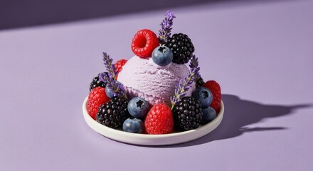 A purple ice cream with berries and lavender on a purple background.
