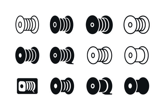 Cable Reel Icons. Cable reel. Icon set. Set Logo of cable reel: classic round cable spool. harmonious logo variations of the same emblematic concept, each with
