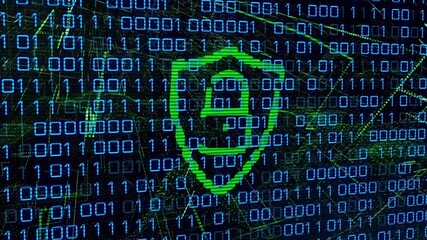 Animation of data processing and binary coding over online security padlock - Powered by Adobe